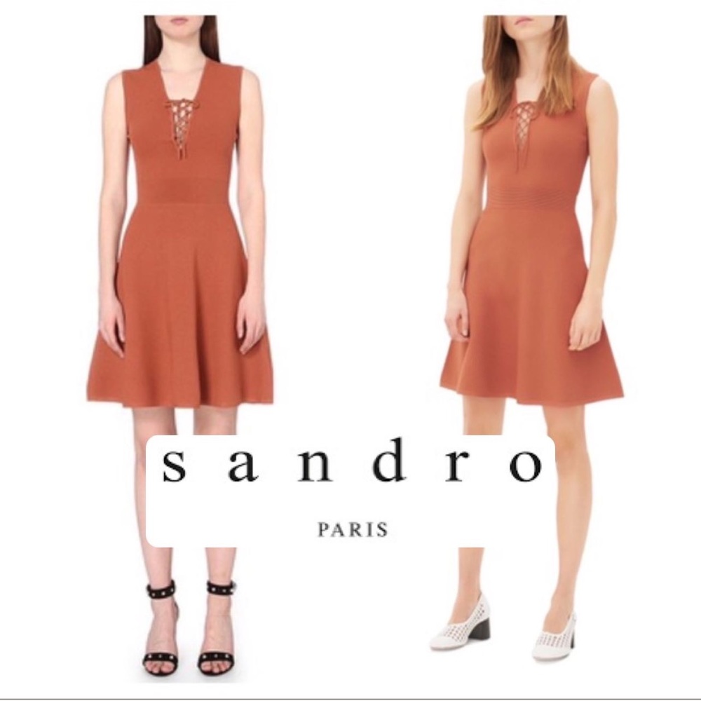 Sandro Rikka Lace-Up Flippy Dress Knit 2 Orange Plain Viscose WornOnTv Cocktail